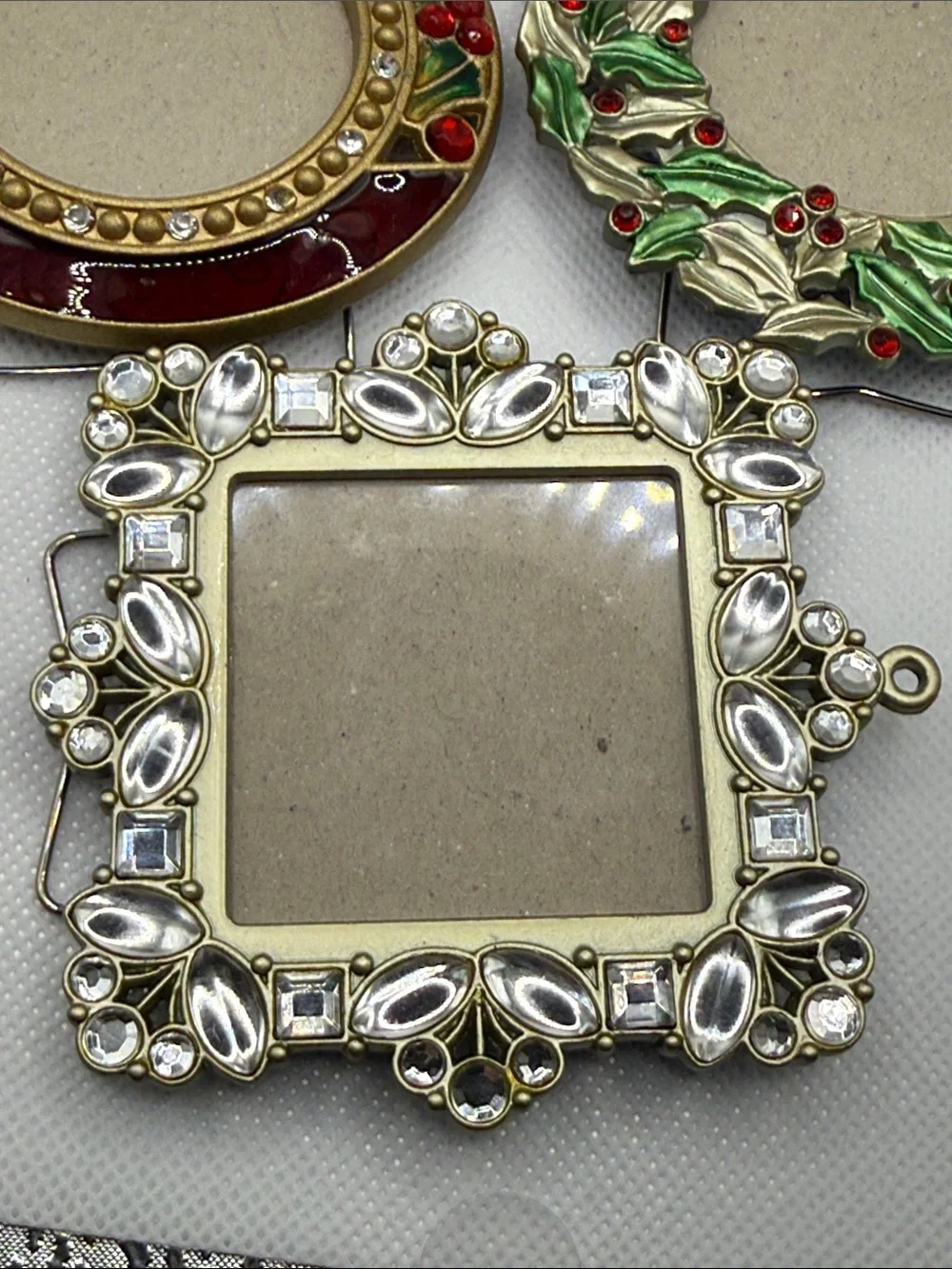 3 Holiday enamel & rhinestone mini photo picture frame wreath ornament bedazzled